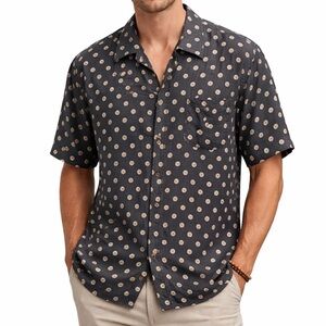 Tommy Bahama Men Large Gray Silk Shirt Button-Up Circle Pattern